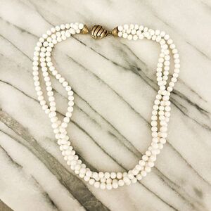Vintage Ciner Necklace Milk Glass Beaded Gold Toned Multilayer Signed Designer R